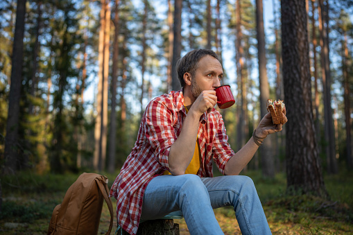 Camper man eating sandwich drinking tea on halt in forest enjoying nature sitting on stump. Guy hiker having break resting in woodland, mountains. Outdoors activity, camping, hiking, trekking concept.