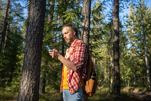 Man hiker in green summer forest finding route in phone navigation map. Guy traveler backpacker explorer looking at smartphone screen. Tourism travel hike trip adventure outdoors activity concept.