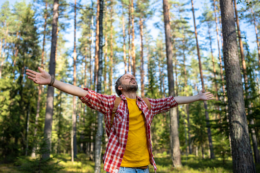 Breathe clean air. Inspired man enjoying nature in forest with closed eyes outstretching hands raising head to sky. Feeling power harmony in green woodland. Relaxation, recreation, spiritual practice.