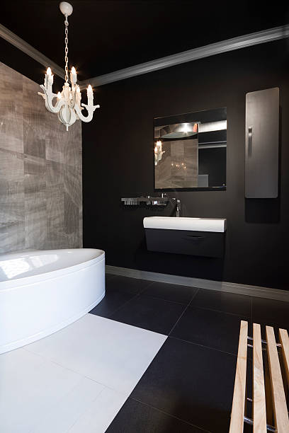 A black and white luxury bathroom stock photo