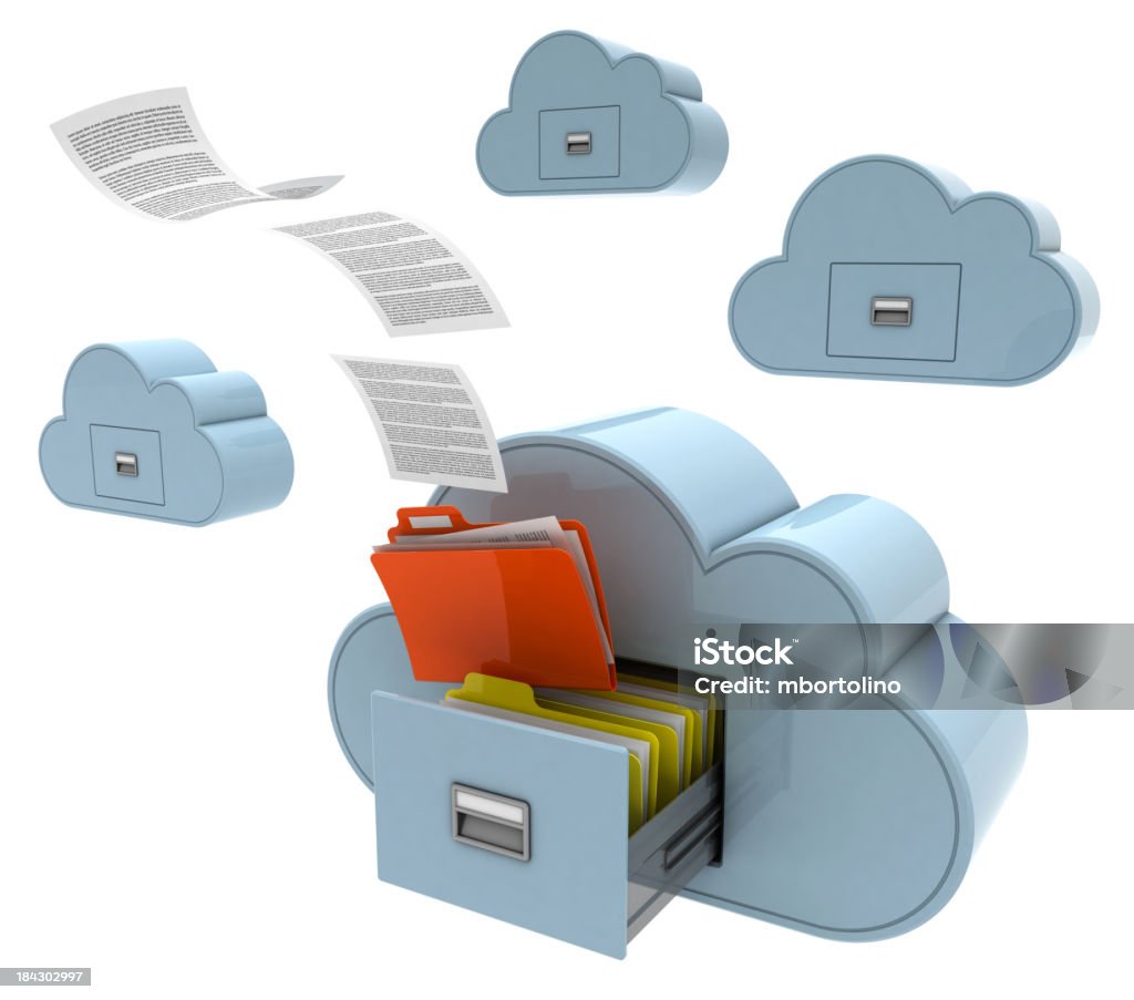 Cloud computing online backup "3d-rendered cloud computing concept for online backup or cloud storage, showing cloud-shaped filing cabinets with folders & documents being transferred. Isolated on white background." Filing Cabinet Stock Photo