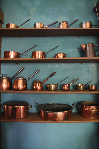 Old copper pot on the shelf.