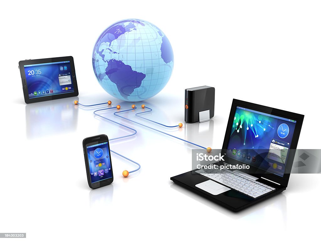 Sync or Connect Devices "Most used on the go devices, HDD data disks, Laptop, Mobile and Tablet PC all connected or in sync together online.Note: All Devices design and all screen interface graphics in this series are designed by the contributor him self..See Also:" Computer Network Stock Photo