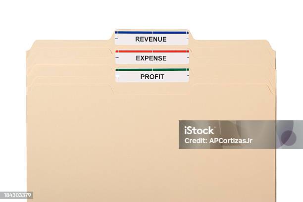 Three Manila Folders Labelled Revenue Expense Profit On White Stock Photo - Download Image Now