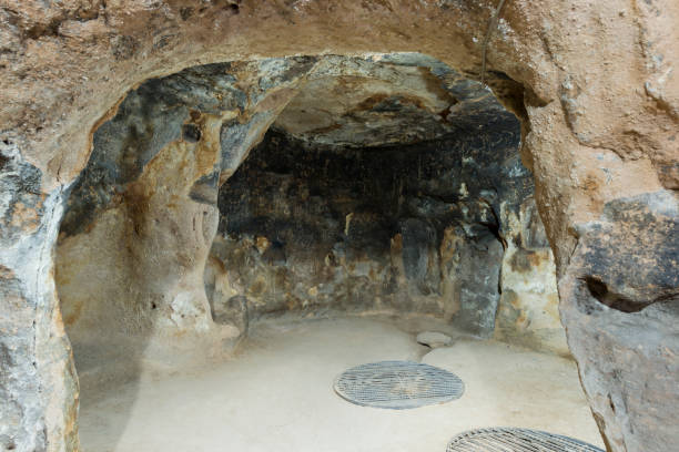 Reconstruction of Prehistoric, paleolithic cave or cavern, Parco delle Cascate, Italy, Garda lake, Molina village, Italy.