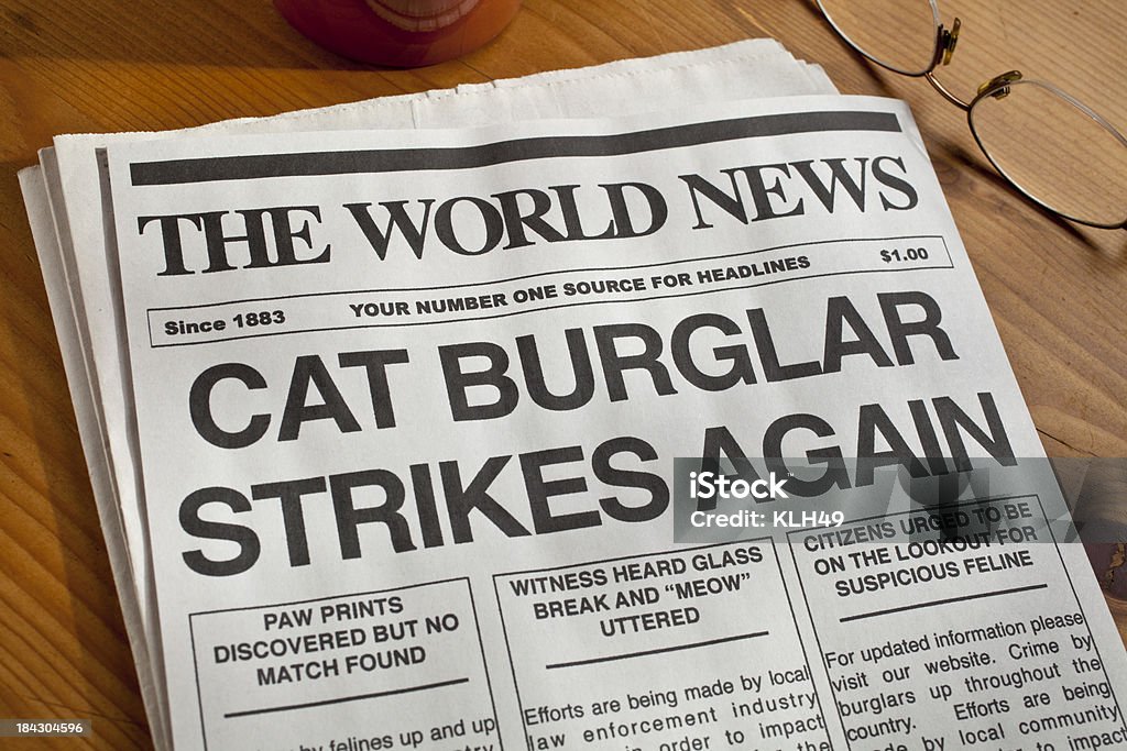 Cat Burglar "Cat Burglar Newspaper Headline.  Newspaper, copy and creative all created by the photographer." Newspaper Stock Photo