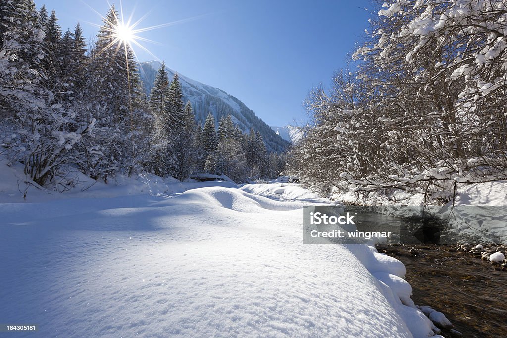 NEVE COPERTO paesaggio invernale in montagna con fiume, austria - Foto stock royalty-free di Acqua fluente