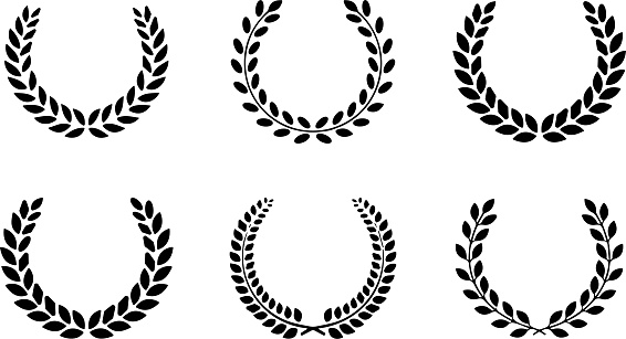 Set black silhouette circular laurel foliate, wheat and oak wreaths depicting an award, achievement, heraldry, nobility. Emblem floral Greek branch flat style - stock vector.