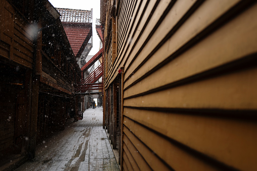 Bryggen under a winter snow in Bergen: UNESCO world Heritage Site in Norway