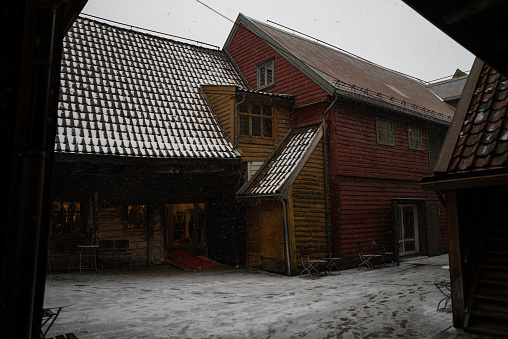 Bryggen under a winter snow in Bergen: UNESCO world Heritage Site in Norway