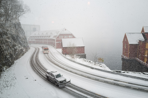 Heavy snow storm in Bergen, Norway