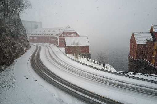 Heavy snow storm in Bergen, Norway