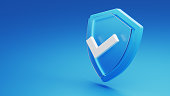 Protection and safety concept. 3d render. Shield 3d icon and check mark symbol