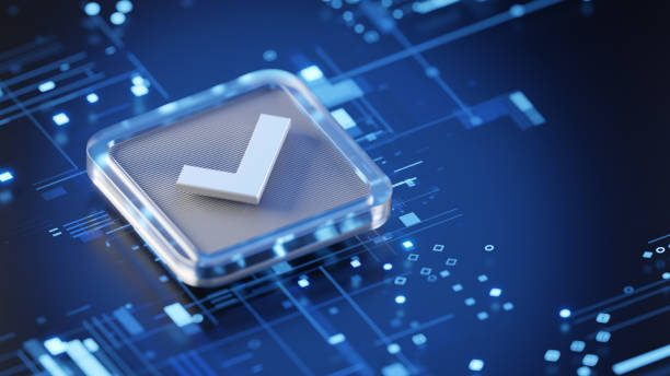 istock Approve, check mark symbol. 3d glossy icon on abstract technology background. 3d render 1843067485