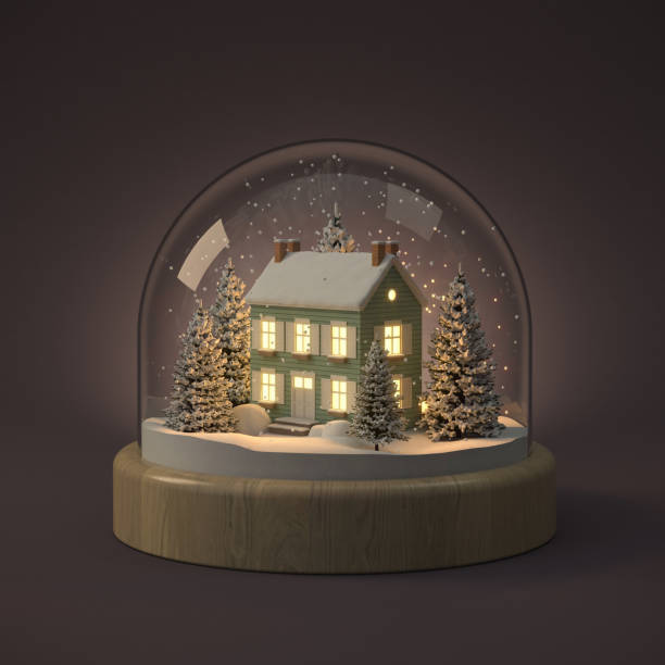 istock Christmas snow globe on white with house and tree inside 3D illustration 1843074169