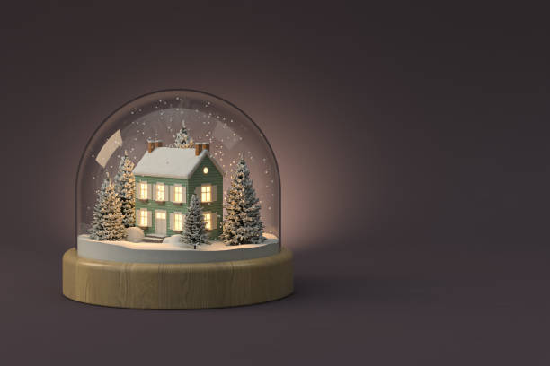 istock Christmas snow globe on white with house and tree inside 3D illustration 1843074174