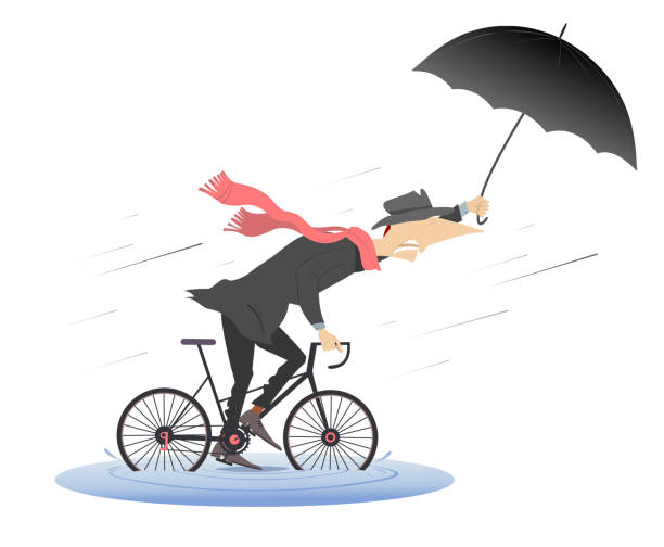 雨と風の強い日と男は自転車に乗る - bicycle isolated white background cycling点のイラスト素材／クリップアート素材／マンガ素材／アイコン素材
