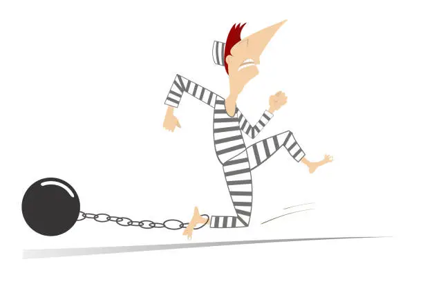 Vector illustration of Running prisoner with an iron ball chained to his foot