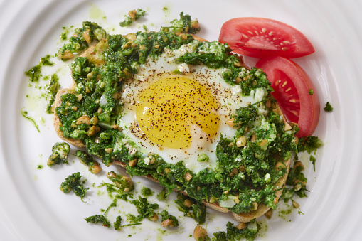 The Viral Basil Pesto Fried Eggs with Feta and Tomatoes
