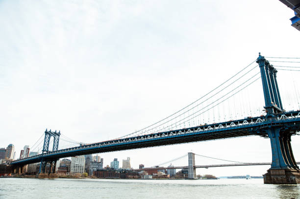 istock Suspension bridge over river in modern city district 1843098068