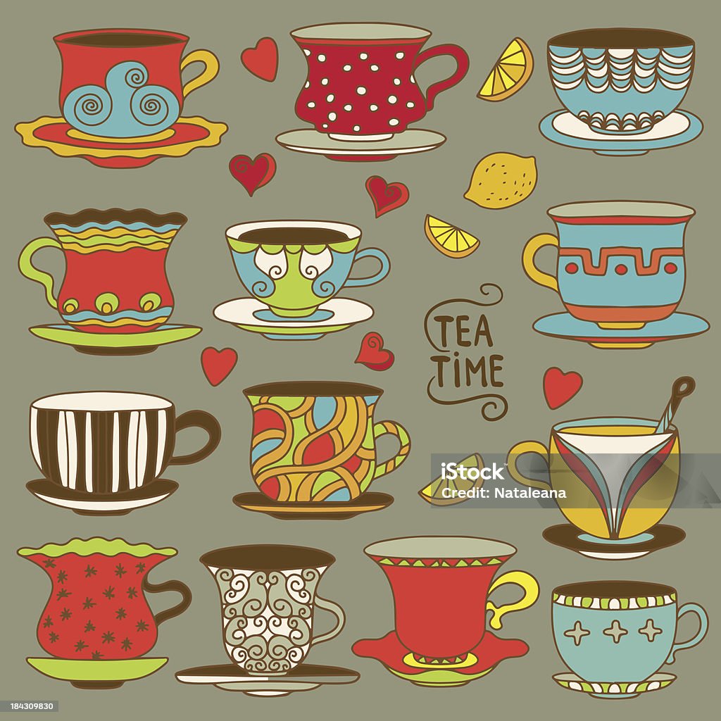 Tea time vintage set Set vintage icons tea cups, lemons, hearts and tea bags - vector artwork Tea Party stock vector