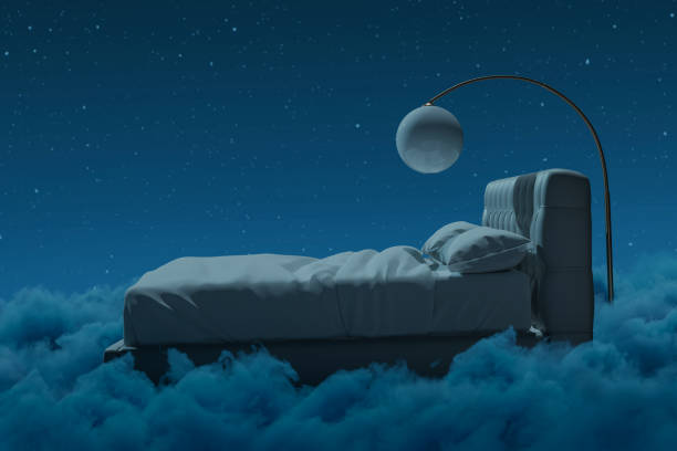 istock 3d rendering of cozy bed with hanging lamp over fluffy clouds at night 1843117212