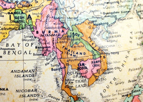 A map image of Burma, also known as Myanmar, next to Thailand, Cambodia, Vietnam, Laos, and Bangladesh.
