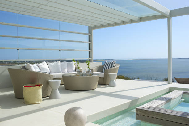 istock Sofa and chairs by swimming pool overlooking ocean 184313551