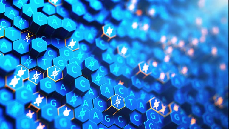 Seamless loop. Futuristic 3d background with DNA sequencing ATGC. Nucleic acid sequence. Genetic research. 3d illustration.