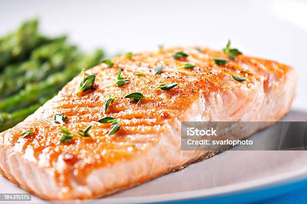 Fillet Of Salmon With Asparagus Stock Photo - Download Image Now - Salmon - Seafood, Fish, Cooked