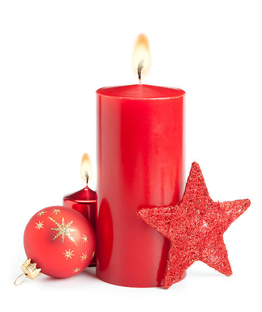 Christmas Decoration Red candles and baubles on white background. This File is cleaned, retouched and contains  christmas decore candle stock pictures, royalty-free photos & images