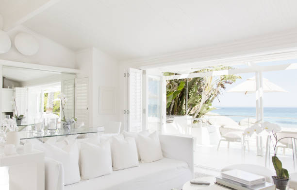 istock Modern living room overlooking beach and ocean 184315549