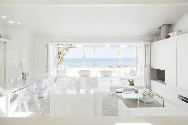istock Modern living room overlooking beach and ocean 184315557