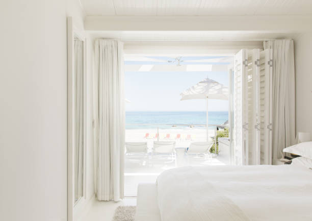 istock Modern bedroom overlooking beach and ocean 184315562