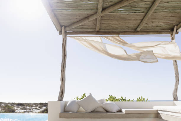 istock Curtains blowing in wind on modern patio 184315678