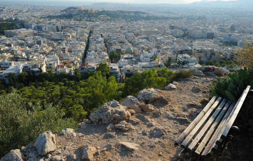 Bench with great view on Lycabettus Hill, Athens, Greece.