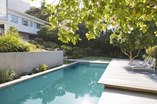 istock Wooden deck and lounge chairs by swimming pool 184315781