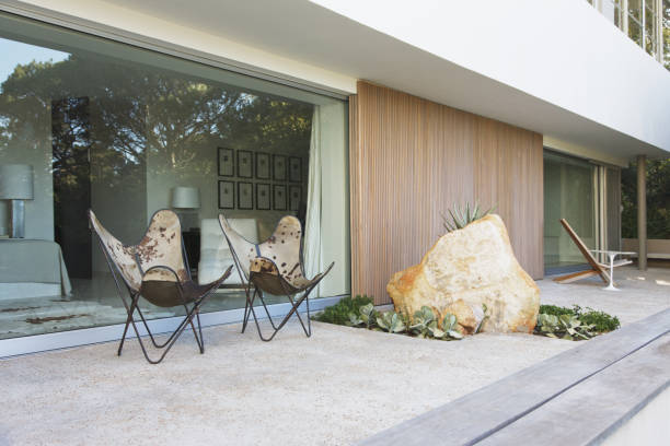 istock Chairs and boulder on patio of modern house 184315874