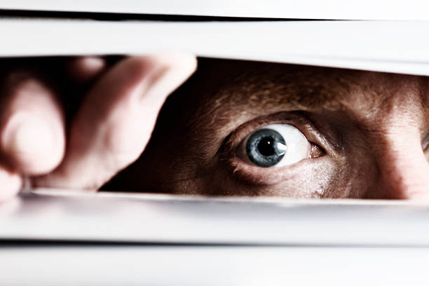 istock Terrified man's eye peeps through venetian blind 184316146