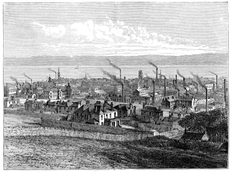 Vintage engraving from 1878 of Dundee Scotland in the 19th Century