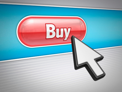 red internet button 'Buy' and arrow cursor. Pixel looking texture in close-up.3d render.