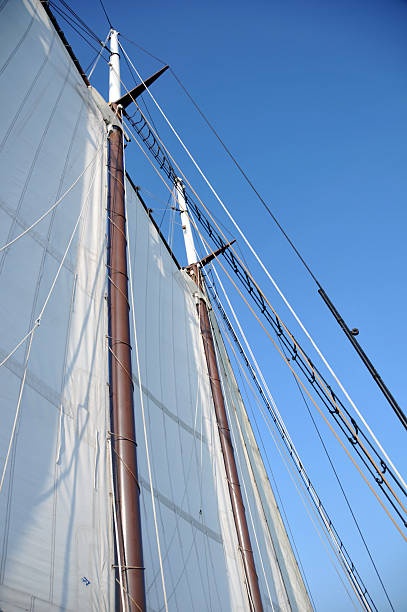 Sails Up Sails of gaff rig schooner ship against blue sky. gaff sails stock pictures, royalty-free photos & images