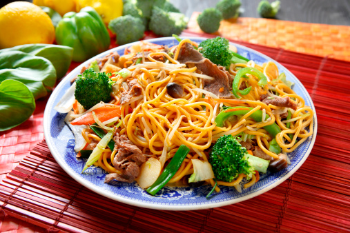 Chinese Beef broccoli Chow Mein(Noodles) on Bamboo Mat