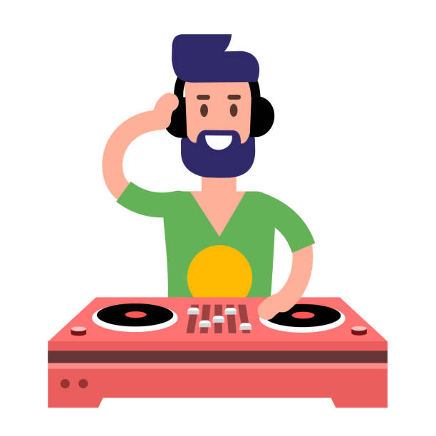 DJ in a green T-shirt plays music on a turntable on a white background. Vector illustration in flat style DJ in a green T-shirt plays music on a turntable on a white background. Vector illustration in flat style personal compact disc player stock illustrations