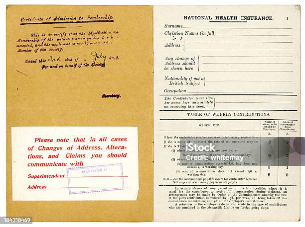 Contribuições Para A Segurança Social Britânico Nacional De Saúde Cartão De Interior 1912 - Fotografias de stock e mais imagens de Cuidados de Saúde e Medicina