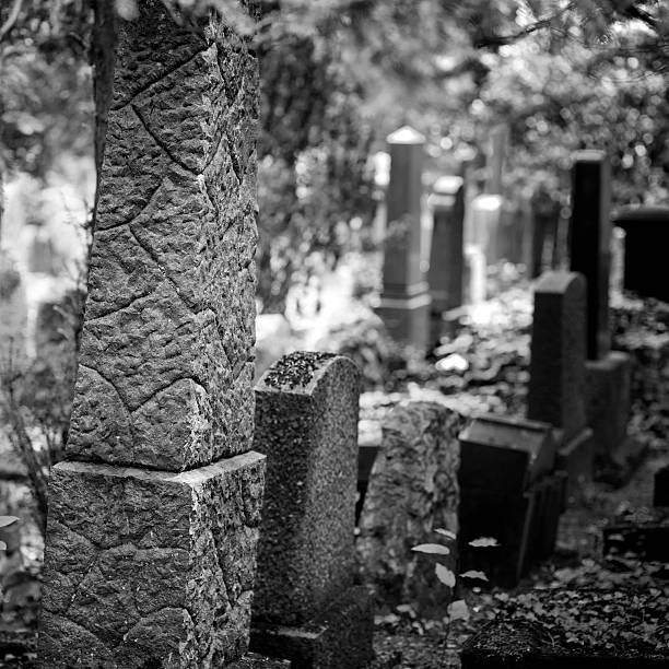 istock Old weathered tombstones, black and white 184319041