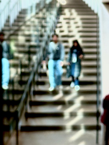 The photograph is a blurred image of a couple walking down a staircase, possibly inside the de Young Museum, as suggested by the file name.