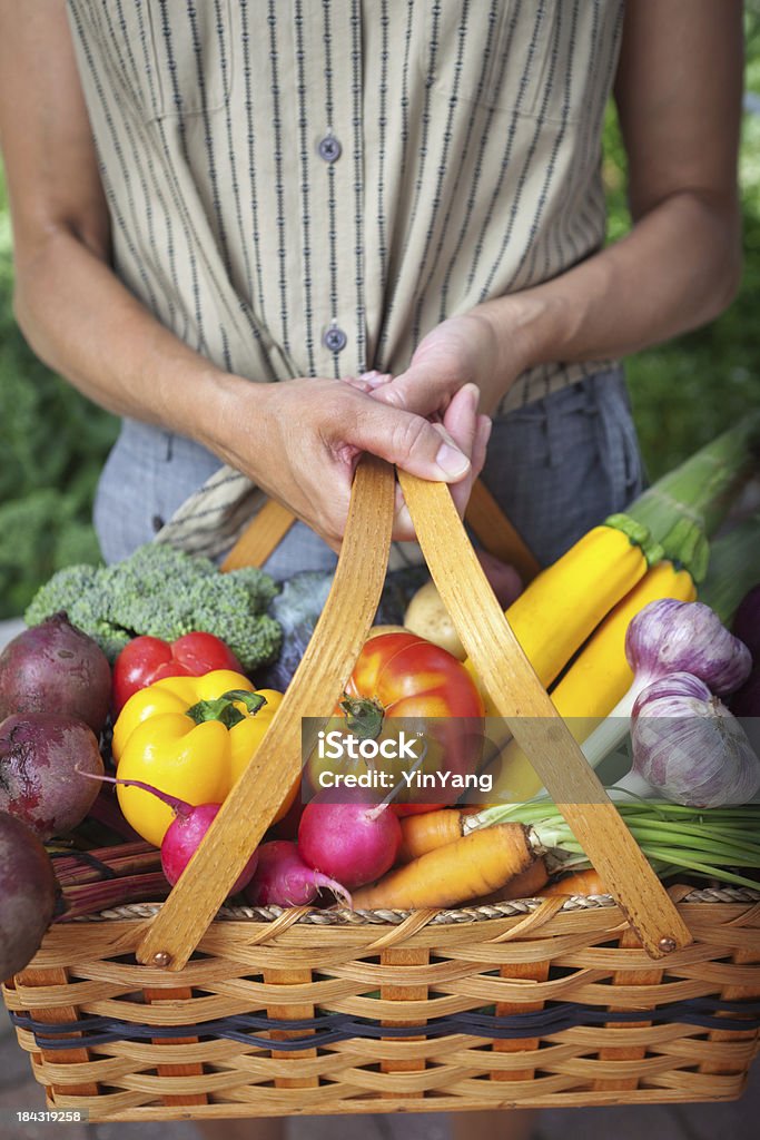 Femme tenant des légumes bio, mûres Harvest panier de produits d'été - Photo de Adulte libre de droits