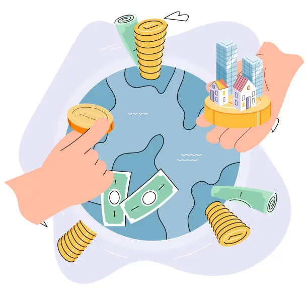 Vector illustration of Money transfers and currency exchanges between countries of world. Global international investment