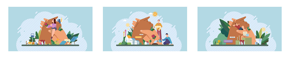 Wellbeing metaphor. Vector illustration. Support insurance, parachute that ensures soft landing during hard times Employee wellbeing, thermostat of harmonious workplace Humcare, essence of nurturing